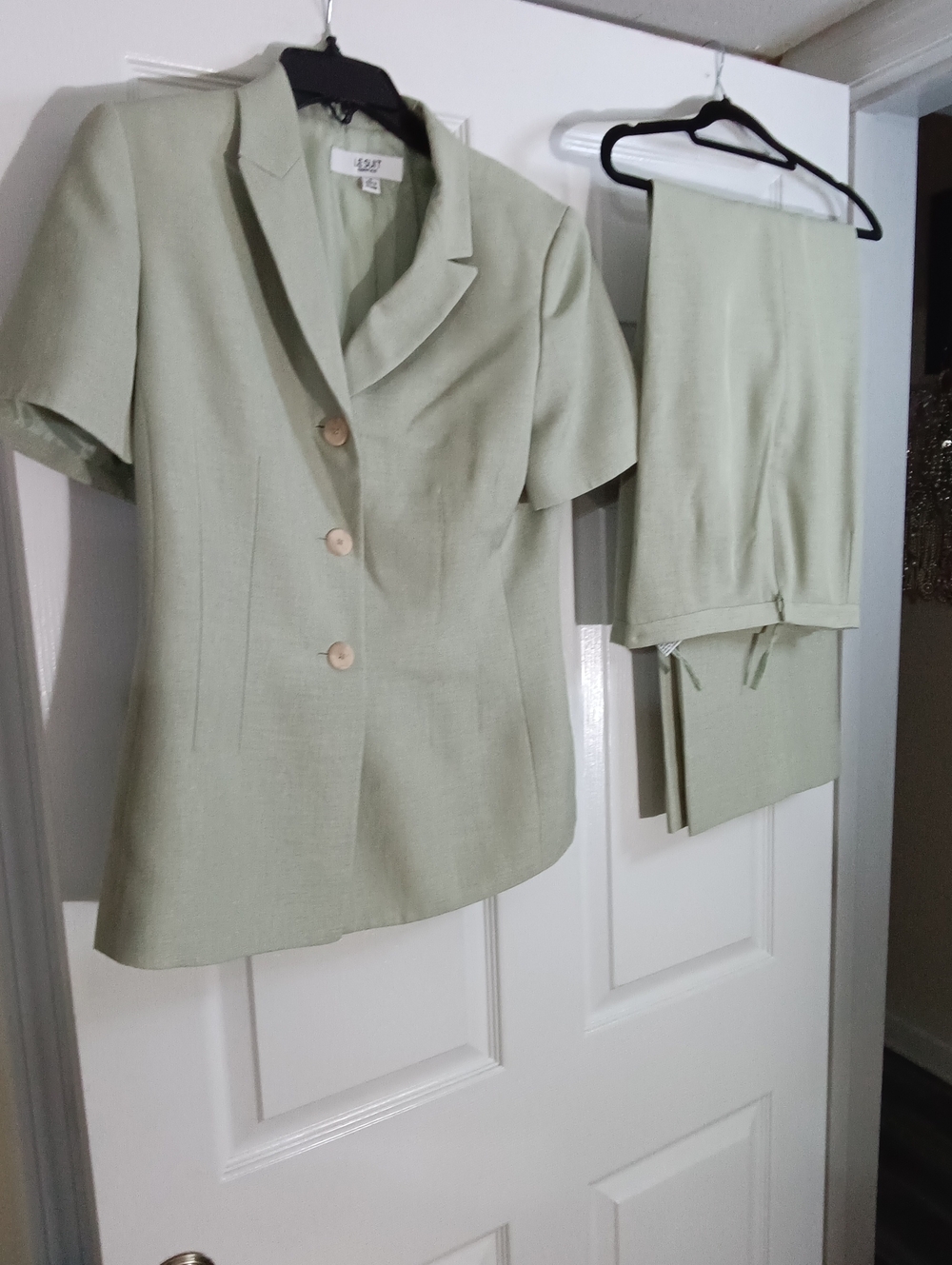 Le Suit Light Sage Green Short-Sleeve Pantsuit